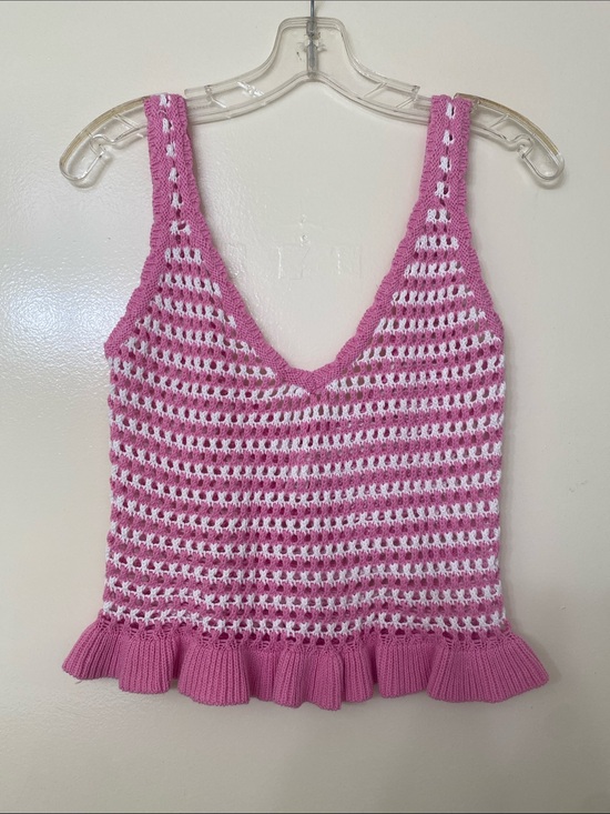 Full Tilt Tops - Full Tilt Pink and White Crochet Ruffle-Hem Camisole